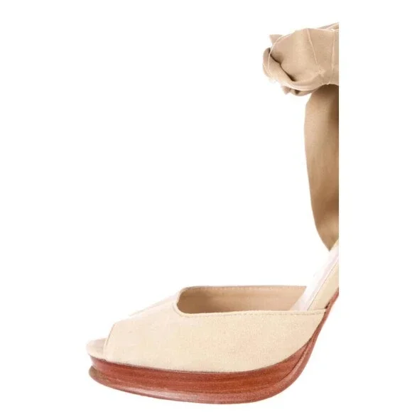 DESIGNER DIANE VON FURSTENBERG BEIGE SUEDE SATIN RIBBON ANKLE STRAP SANDALS 8.M - Picture 9 of 12